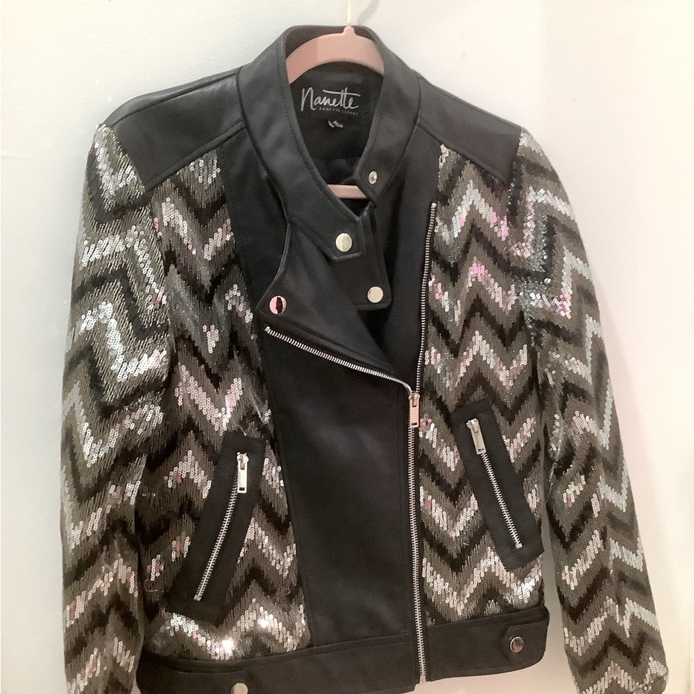Nanette Lepore Black and Silver Sequin Leather Jacket